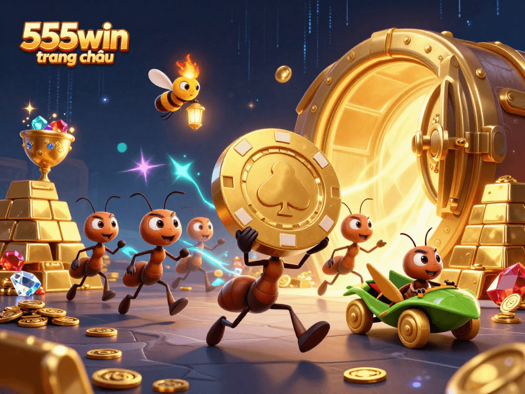 Engage with exciting gaming at 555win trang chủ featuring ants on a heist with golden poker chips and treasures.