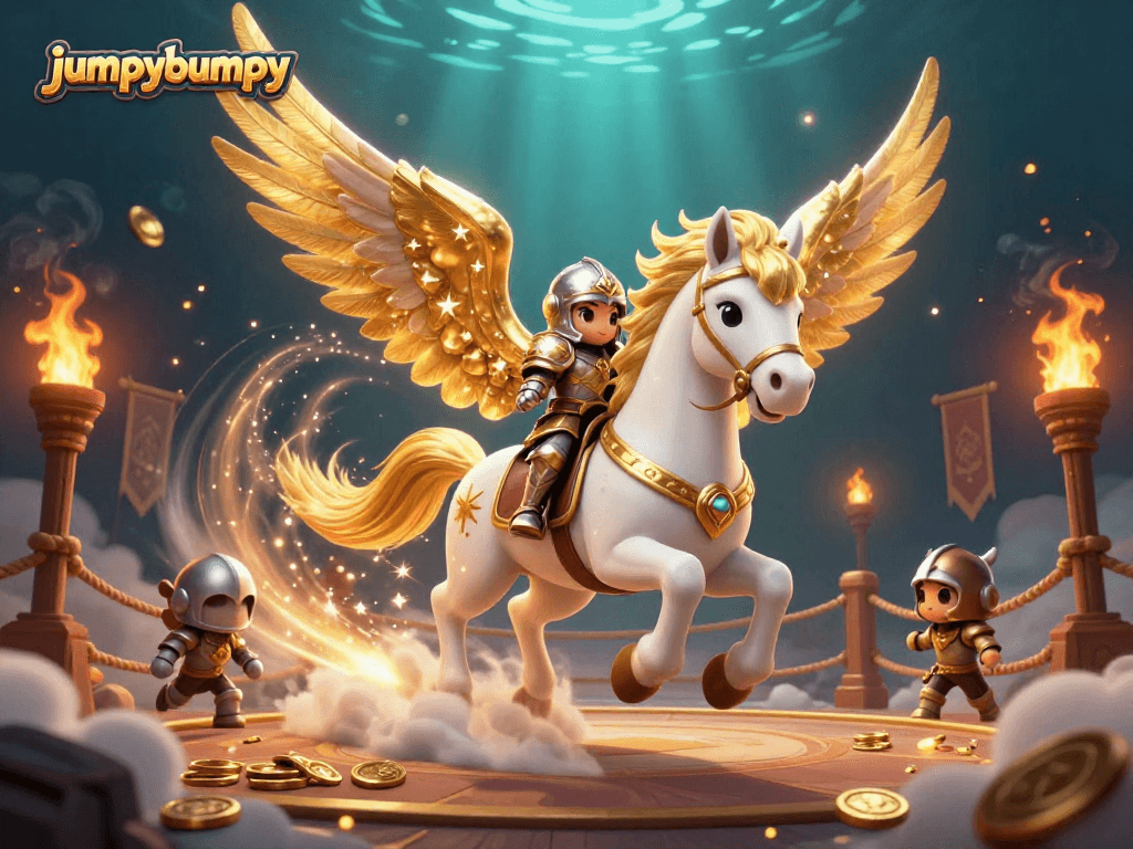 Experience the excitement of jumpybumpy as a golden-winged horse gallops through a vibrant casino sky.