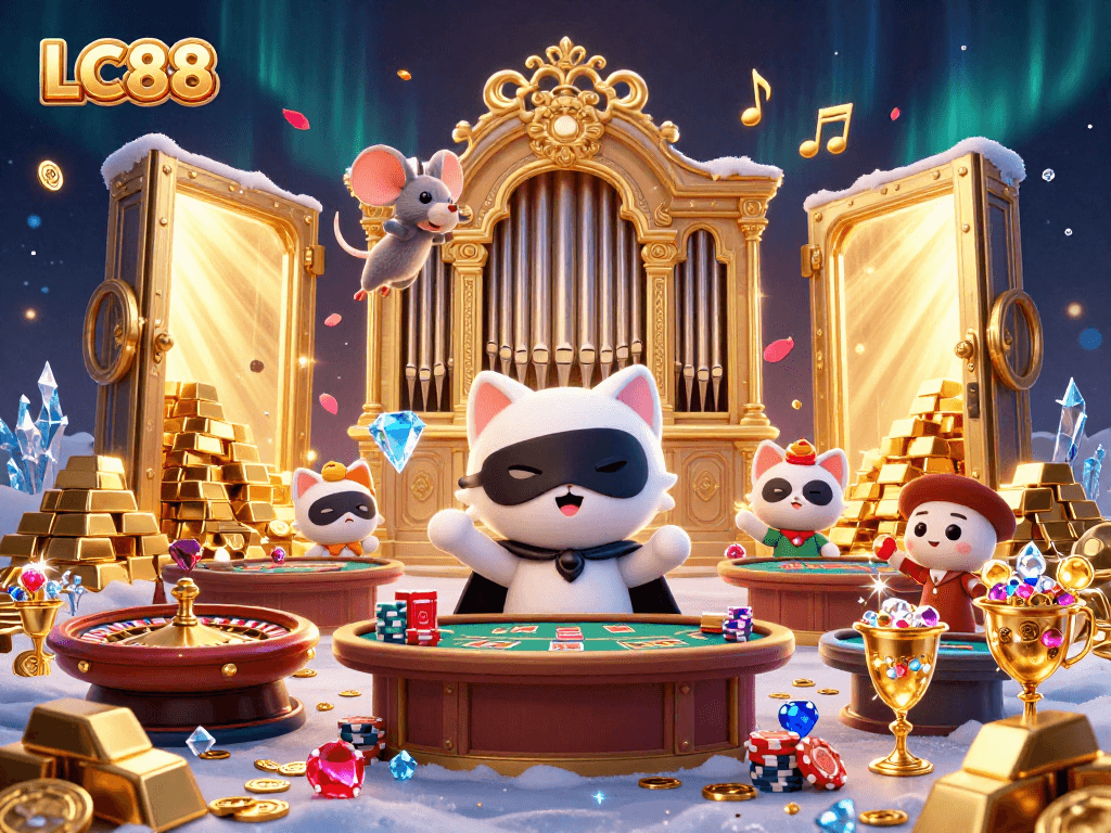 Experience thrilling gaming at LC88 with vibrant casino characters and sparkling treasures.