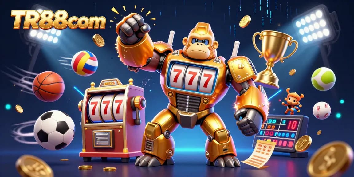 Engage in thrilling gameplay at TR88com with a dynamic scene showcasing a golden gorilla mech and vibrant sports elements.