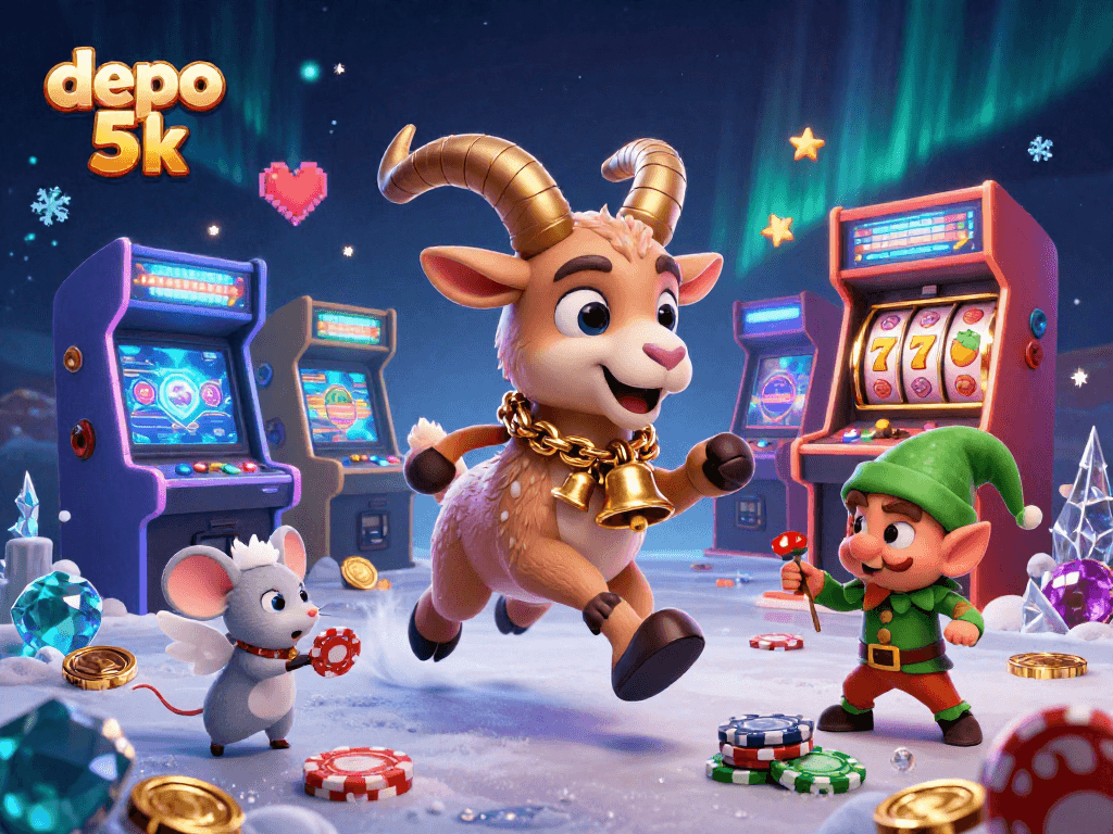 Engage with the festive casino atmosphere of depo 5k as Krampus, a mouse, and gremlins steal poker chips.