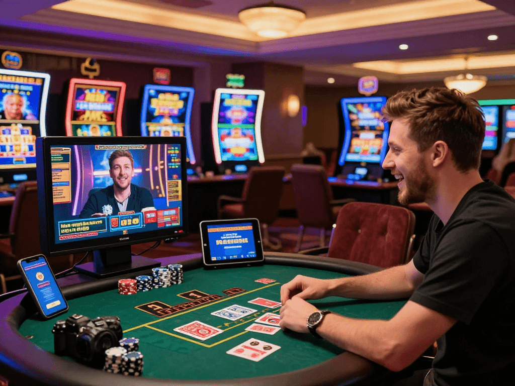 UK player enjoying live dealer games at https://giraffedays.com online casino, with vibrant slot games and luxurious ambiance.