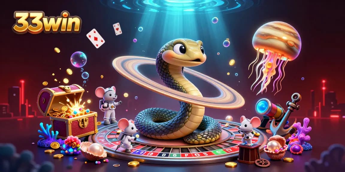 Experience thrilling gameplay with 33win in vibrant cosmic casino illustration featuring roulette action.