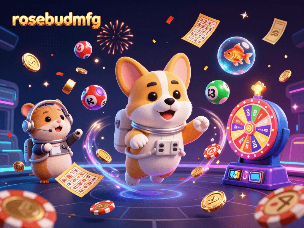 Rosebudmfg showcases a vibrant space station casino scene with playful characters and dynamic gambling elements.