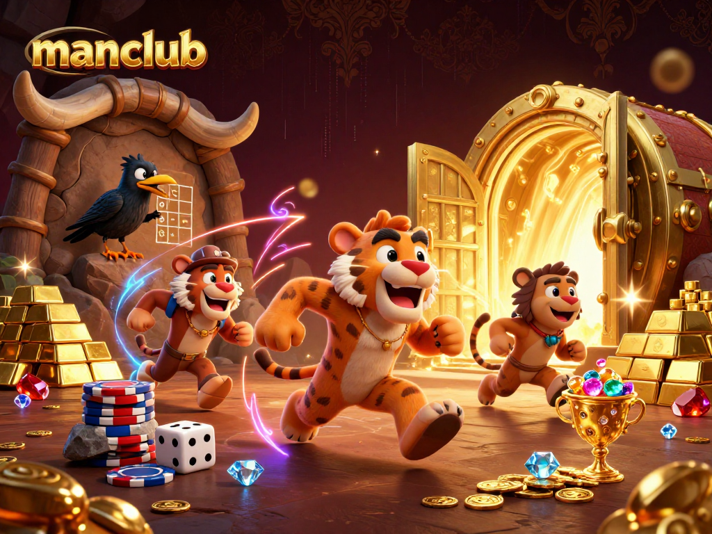 manclub's caveman and sabertooth duo run a vibrant prehistoric casino filled with gold treasures