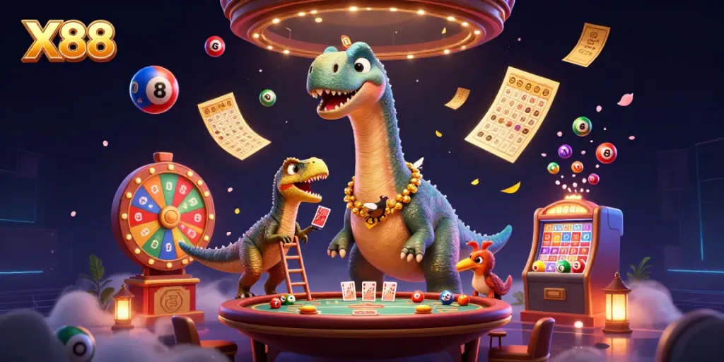 Experience thrilling gambling at X88 with a vibrant brontosaurus and raptor dealing cards!