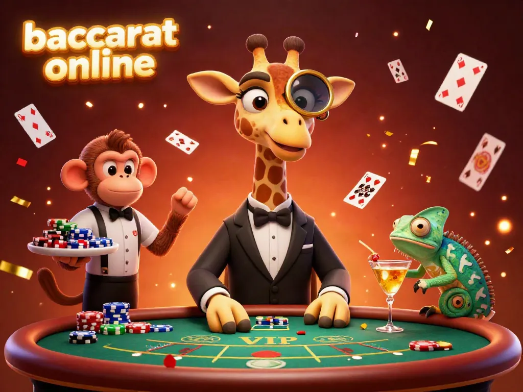 Engage with baccarat online as a high-roller giraffe plays at a luxurious casino setting.