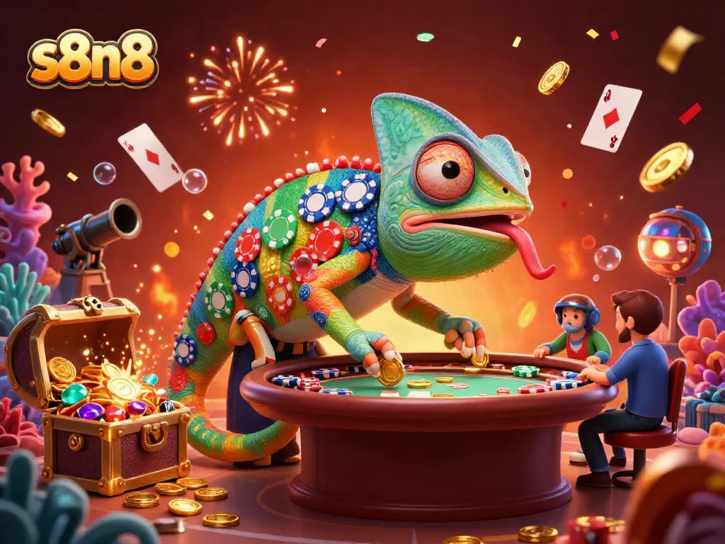 Experience thrilling moments at s8n8 Casino with vibrant 3D cartoon chameleon amidst gold coins and festive atmosphere.