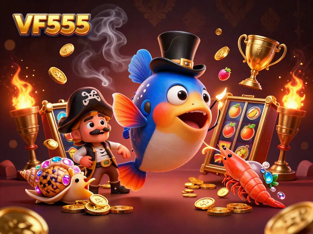 Win big with VF555, featuring vibrant slot symbols and golden coins in a dynamic casino scene.