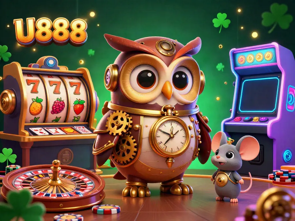Engage with U888's exciting casino experience through a dynamic 3D illustration featuring steampunk elements.