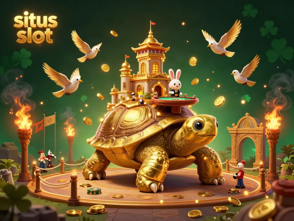 Experience thrilling situs slot play with the golden tortoise casino and rabbit dealer in a vibrant scene.