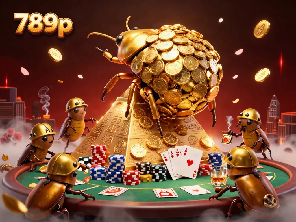 Experience thrilling gameplay with 789p as a golden dung beetle rolls coins in a vibrant casino scene.