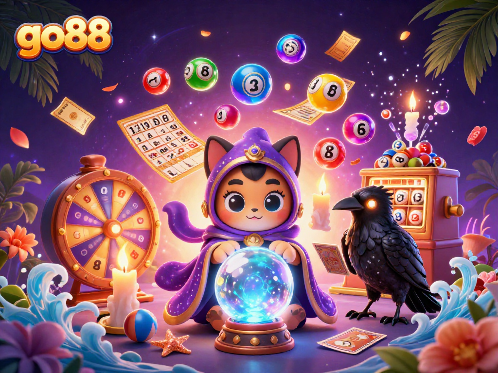 Go88's mystic fortune teller cat, glowing raven, and vibrant casino elements create an engaging scene.