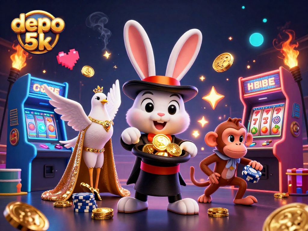 Engaging 3D cartoon scene showcasing depo 5k action with a magician rabbit, dove, and monkey amidst glowing casino elements.