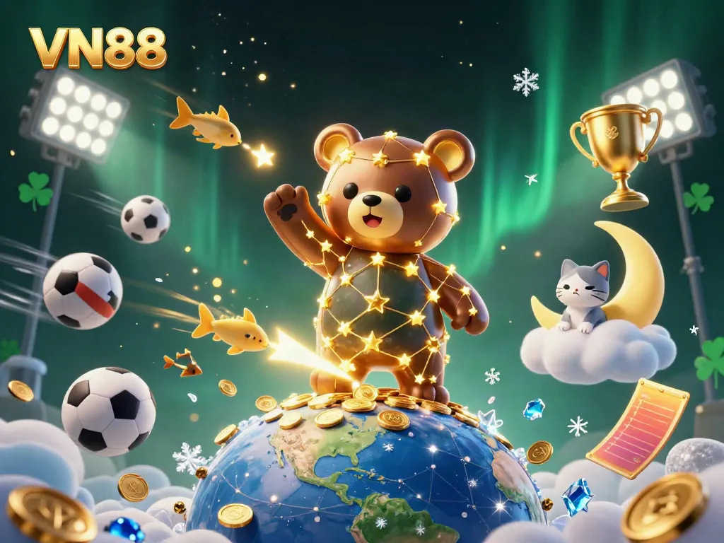 Experience VN88's vibrant gaming universe with a constellation bear collecting coins, sports balls, and dynamic rewards.