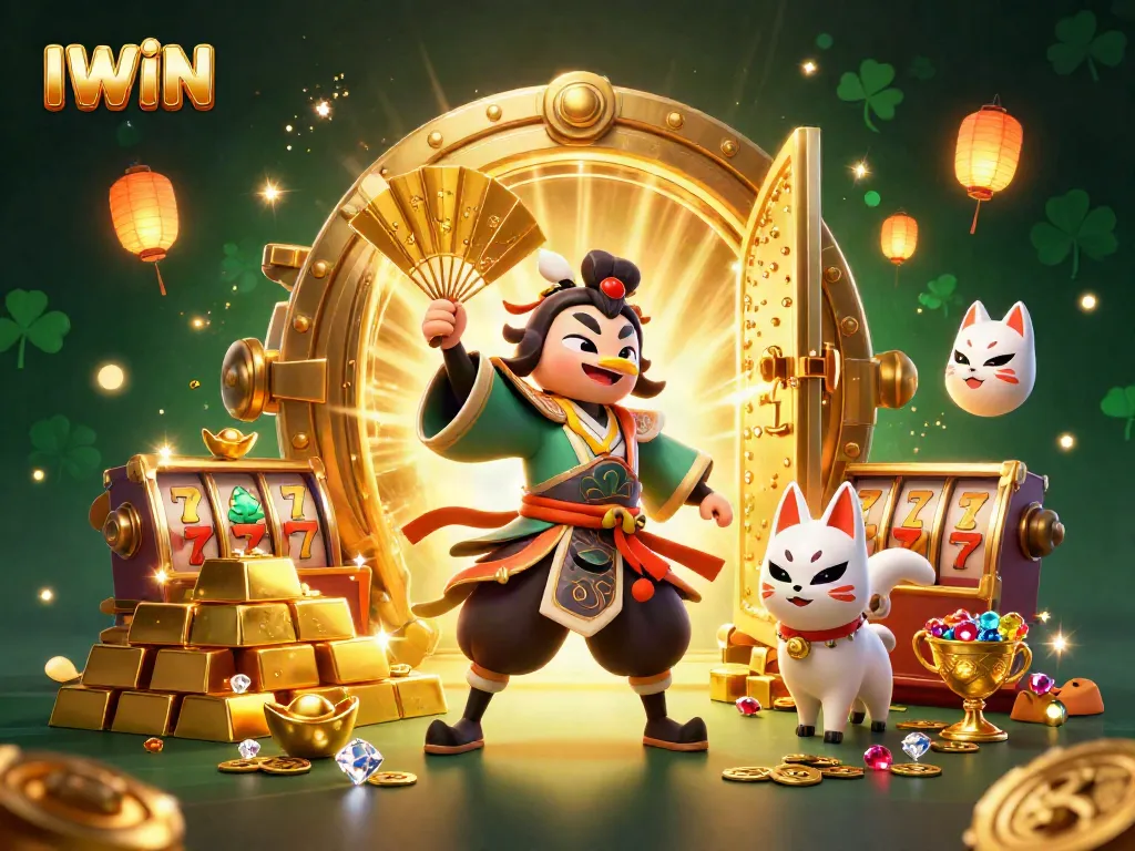 IWIN reels spinning amidst a vibrant casino scene featuring a kabuki warrior and treasures.