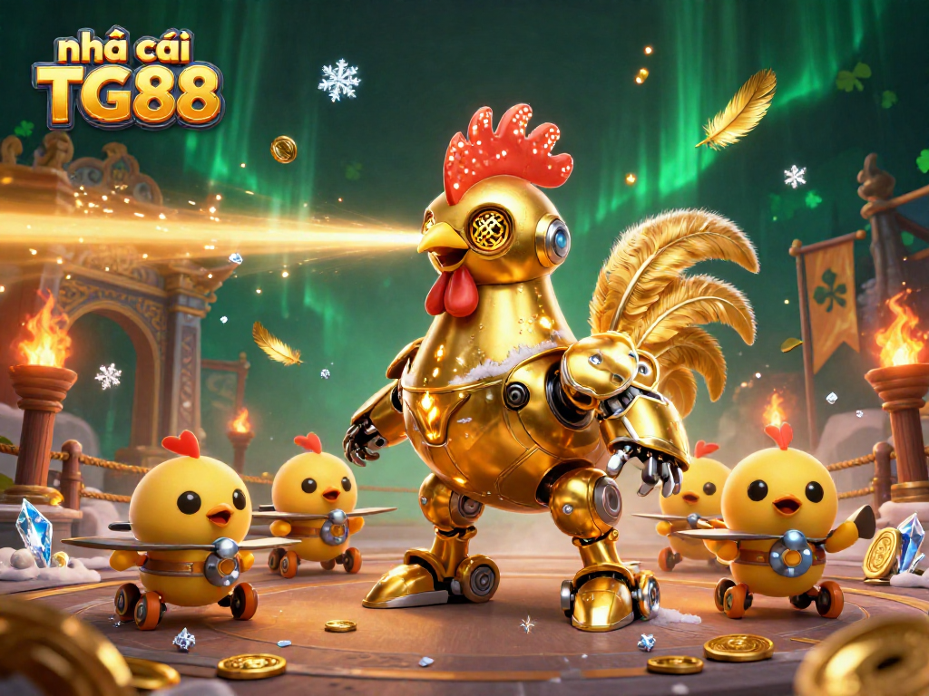 The dynamic scene showcases the nhà cái TG88 with a golden rooster robot and chick drones amidst casino elements.