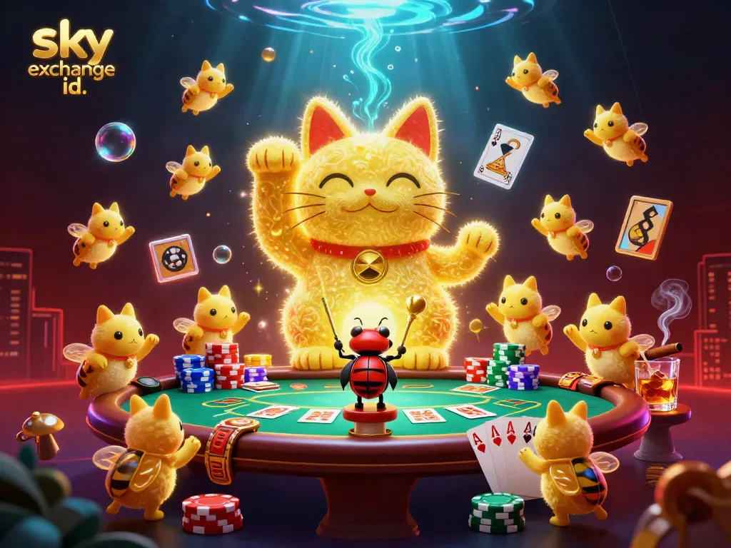 Experience a vibrant betting scene with sky exchange id, featuring a lucky cat formed by golden fireflies among poker elements.