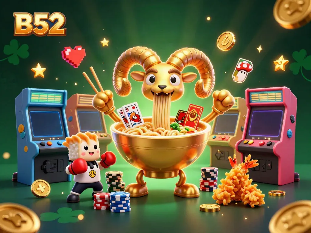 B52-themed playful casino illustration featuring a giant ramen bowl character dealing cards and stacking chips.