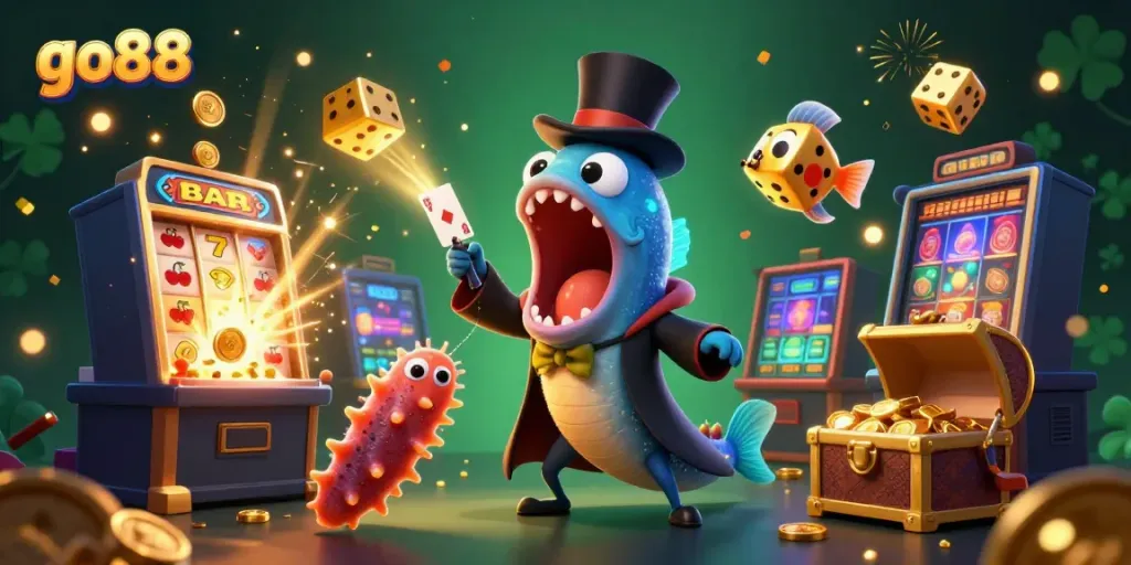 Experience go88 with a vibrant 3D illustration showcasing magical casino elements and characters.