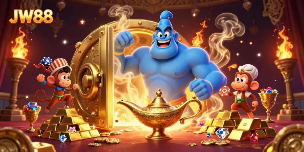JW88 presents a vibrant casino scene with a muscular genie, monkey, and poker chips amidst treasure.