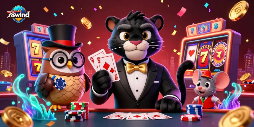 Playcards are dealt by a stylish 78wind-themed black panther in a dynamic casino scene.