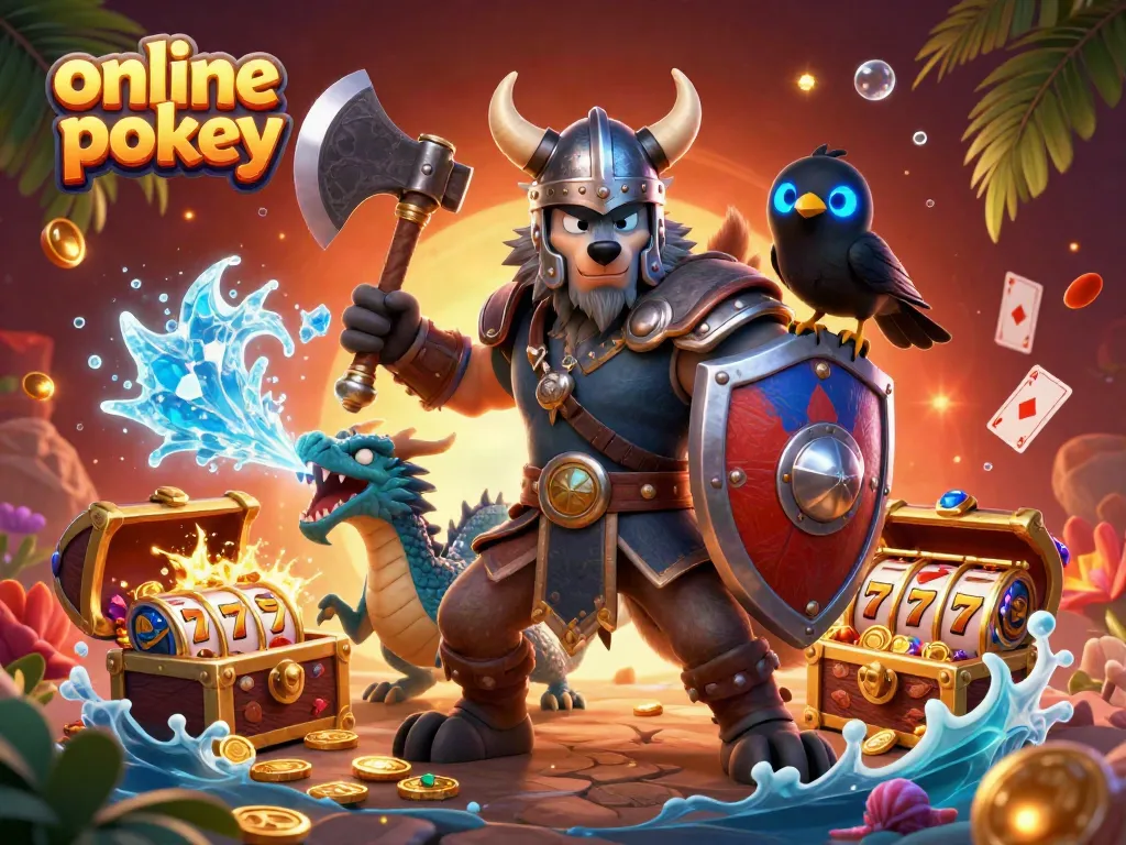 Experience the excitement of online pokies with a Viking wolf warrior, dragon, and treasures in this dynamic scene.