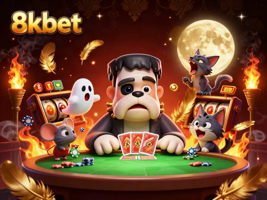 Engage in thrilling casino action with 8kbet’s dynamic scene featuring a Frankenstein bulldog dealing cards, adorned by fiery particles and exciting slot machine elements.