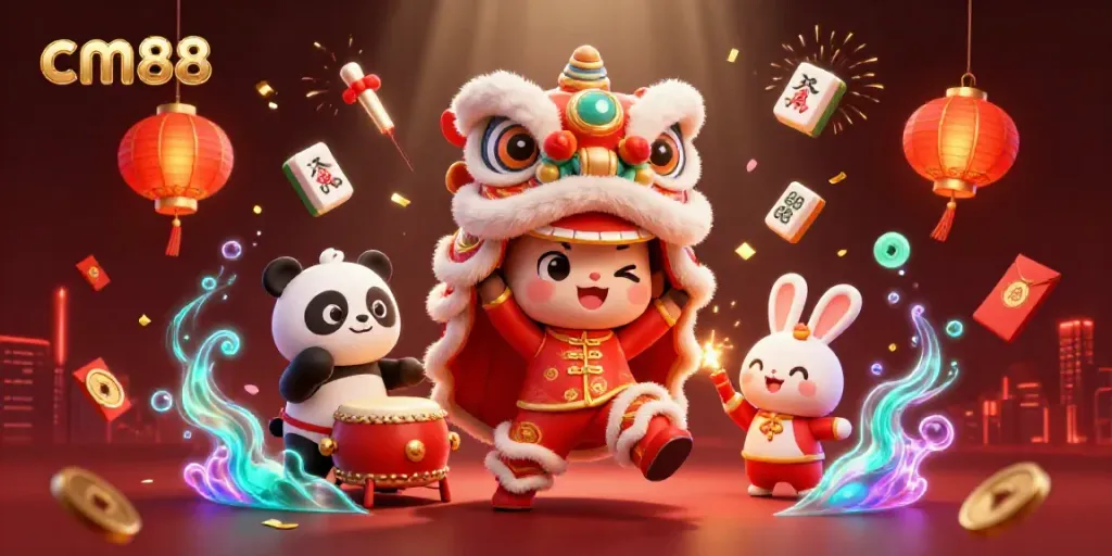 Experience thrilling gaming with cm88 amidst vibrant festival characters and dazzling casino elements.