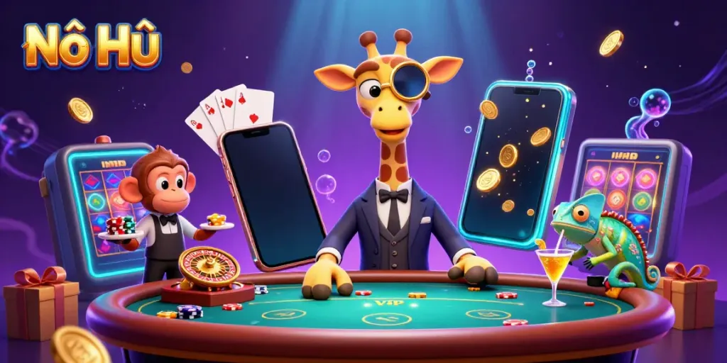Nổ Hũ illustration featuring a high-roller giraffe, monkey valet, and chameleon bartender in a vibrant casino setting.