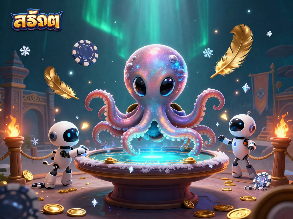 Experience the thrill of สล็อต gameplay with an alien octopus at a holographic poker table amid cosmic elements.