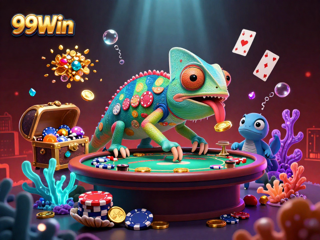 Experience the vibrant world of 99Win's casino with a dynamic chameleon owner and exciting gaming elements.