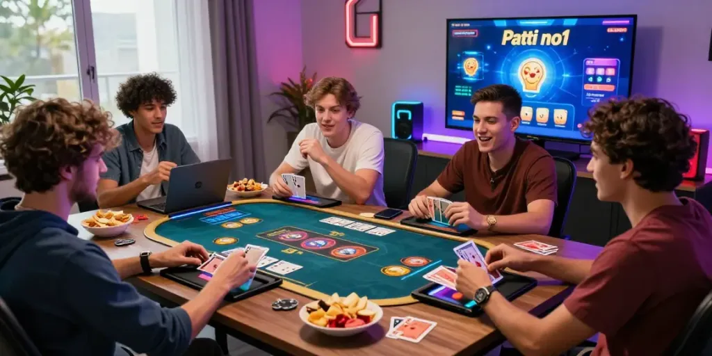 Friends enjoying a lively game of 3 Patti no1 in a vibrant gaming setup.