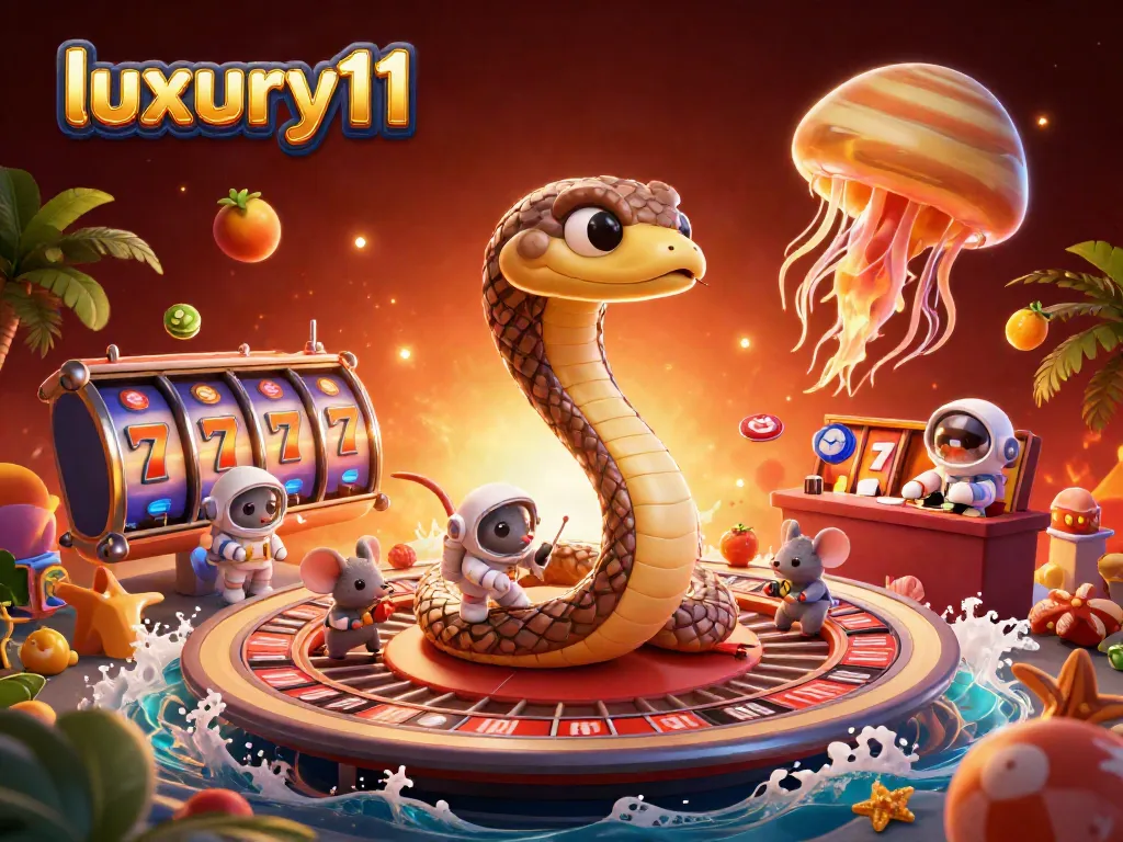 luxury111 showcases a vibrant 3D casino scene with astronauts betting on jackpot slot reels, featuring dynamic gambling elements.