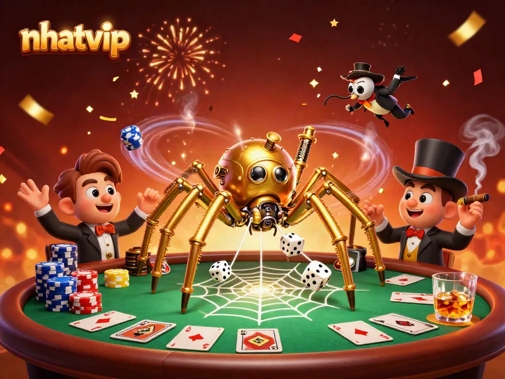 Nhatvip's vibrant casino scene showcases a golden spider and a fly gentleman amidst poker excitement.