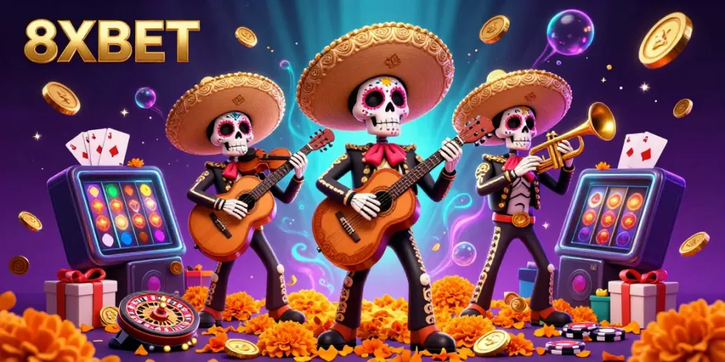 Experience the thrill of 8XBET with dynamic Day of the Dead skeleton mariachi band surrounded by gaming elements.