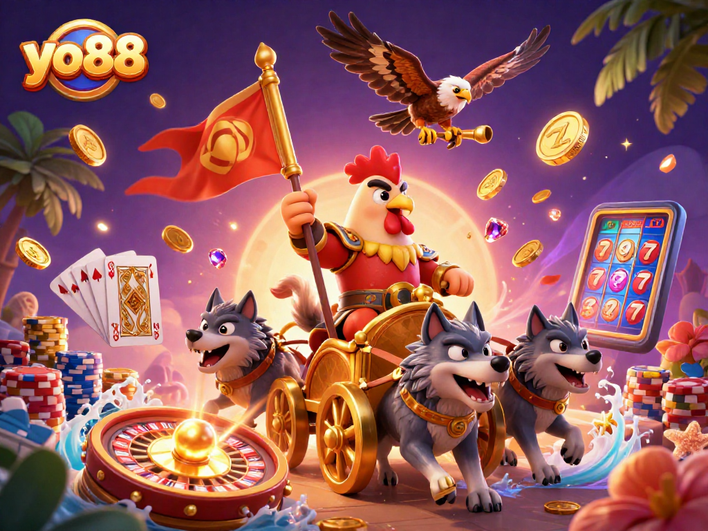 Experience the excitement of yo88 with a rooster warlord and dynamic casino elements!