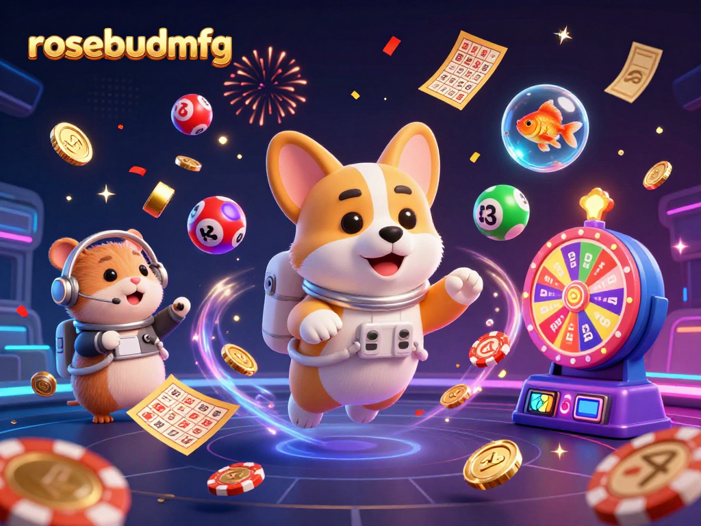 Rosebudmfg showcases a vibrant space station casino scene with playful characters and dynamic gambling elements.