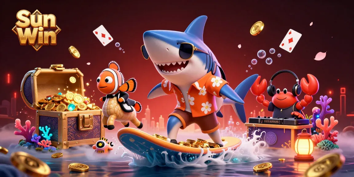 Engaging Sun Win illustration of a hammer-head shark surfing gold coins, showcasing vibrant coral and casino-themed elements.