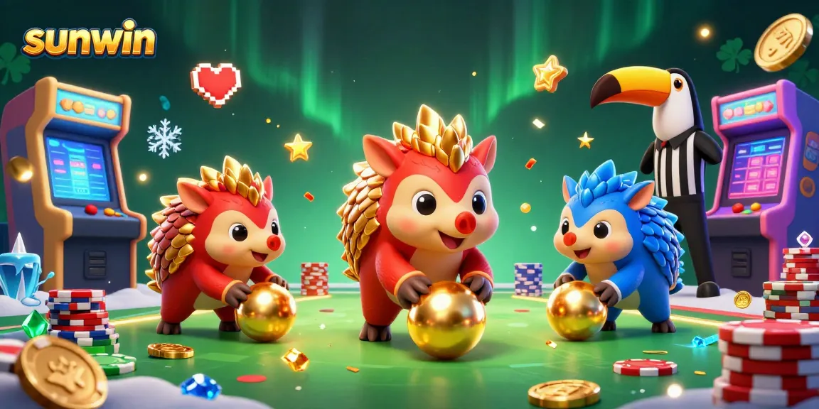 Engage with sunwin's dynamic gaming scene featuring animated pangolins, poker chips, and vibrant arcade elements.