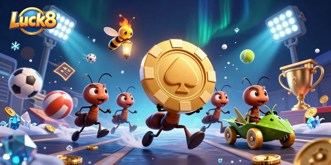 Experience the thrill of Luck8 with 3D ants heisting a giant poker chip in a dynamic casino scene.