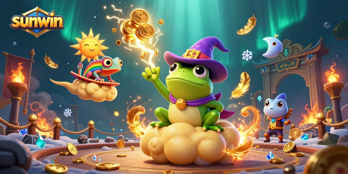 Experience the excitement of sunwin with a lively casino illustration featuring vibrant characters and elements.