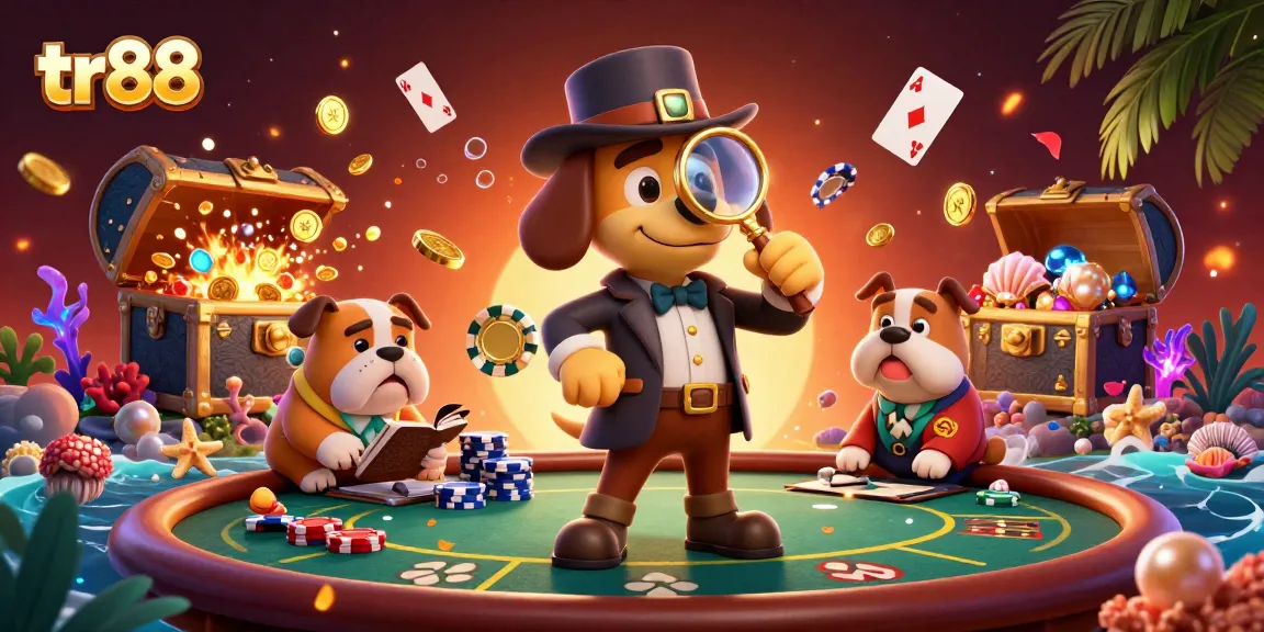 Engage with tr88's vibrant poker scene featuring cartoon detectives and treasure clues.