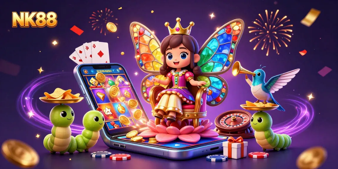 Engage with the enchanting world of NK88 featuring a magical butterfly queen amidst vibrant casino elements.