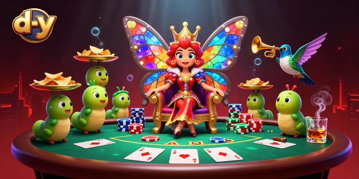 Engaging casino scene with a d-y butterfly queen overseeing thrilling poker gameplay, featuring vibrant colors and rich details.