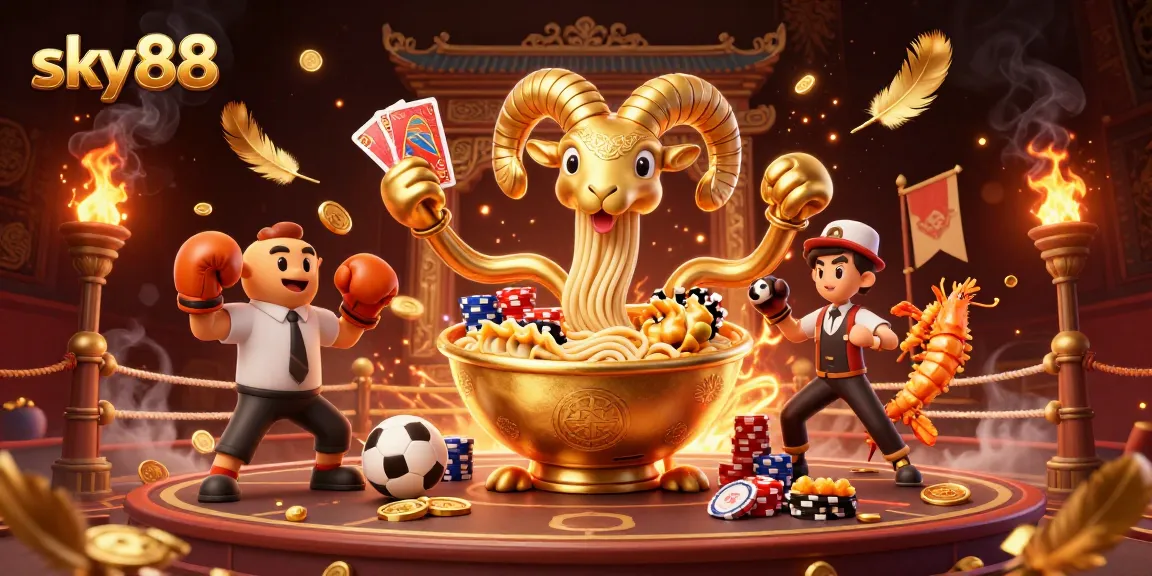 Experience thrilling action at sky88 with a golden ramen bowl dealer surrounded by vibrant sports betting elements.