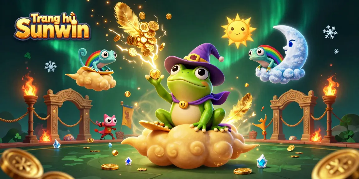 Engage with Trang chủ Sunwin as the frog wizard conjures golden coins amid vibrant casino illustrations.