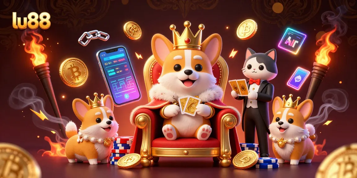 lu88 showcases a royal corgi amid poker chips and crypto elements in a thrilling casino scene