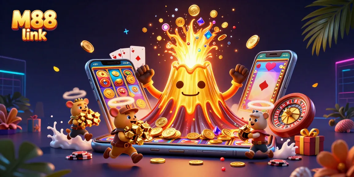 Spin and win with M88 link featuring a golden volcano erupting coins and treasures in this vibrant casino scene.