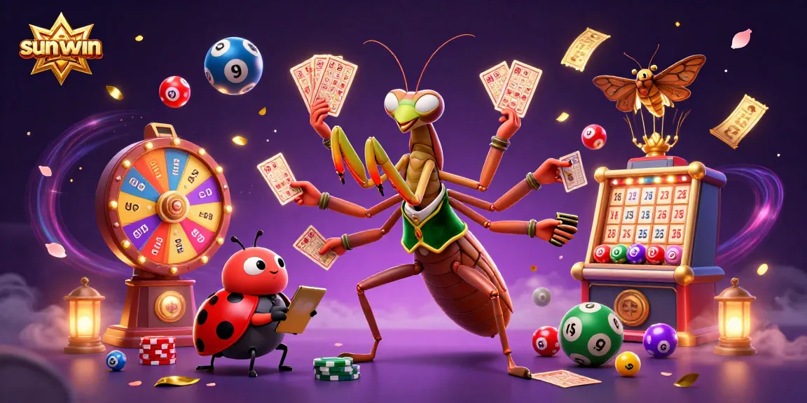 Experience thrilling action with sunwin as a giant mantis deals cards and a ladybug oversees games.